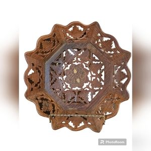 Vintage inlaid hand carved decorative serving tray made in India.